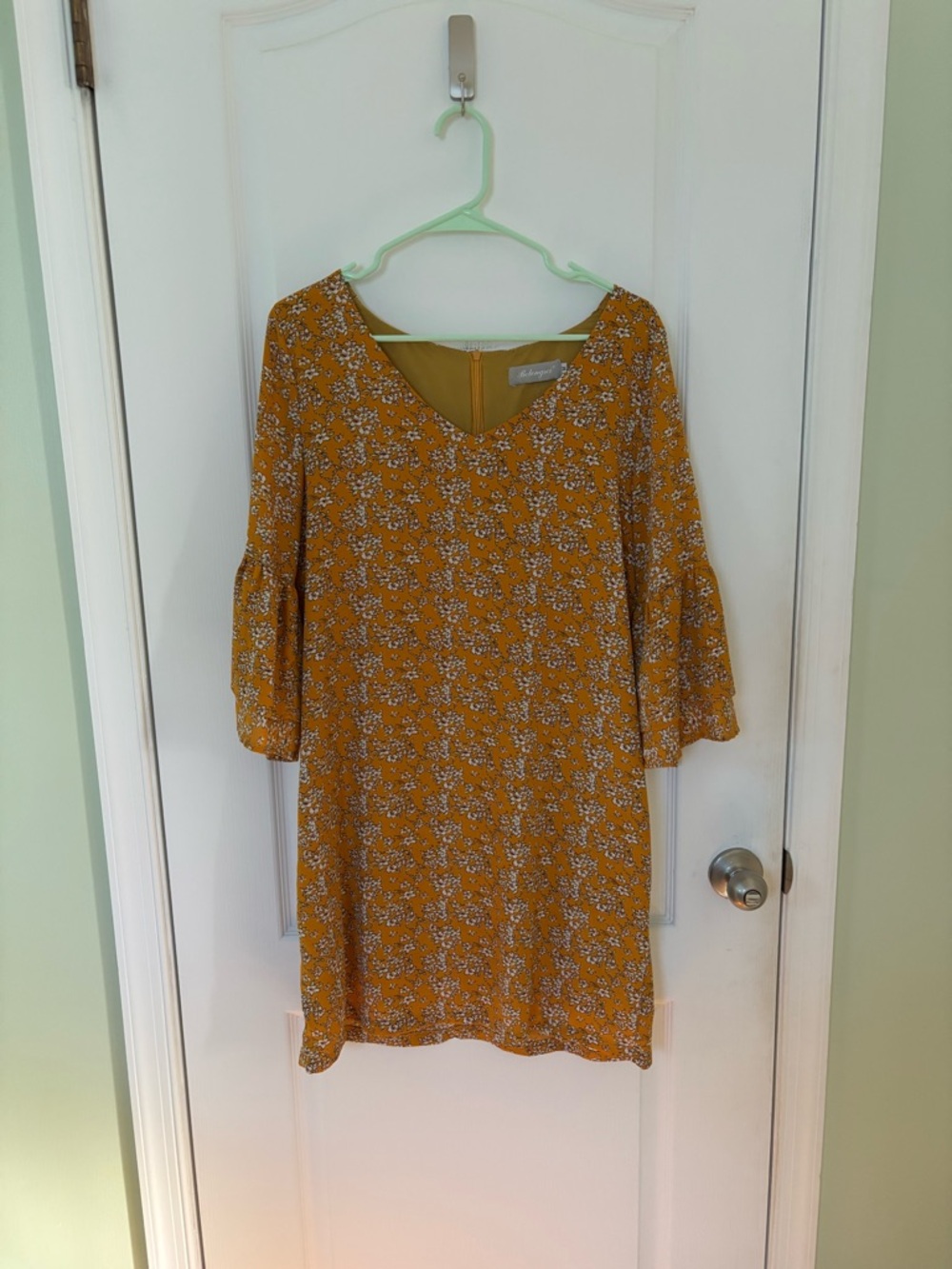 Floral Mustard Long-Sleeve V-Neck Shift Dress